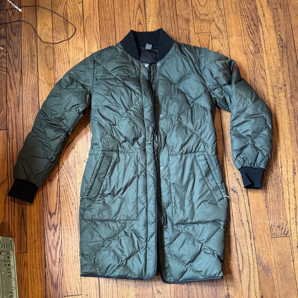 Eddie Bauer olive green down long bomber jacket quilted coat womens xs